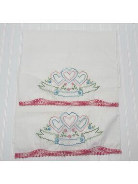 Vintage Pair Pillowcases Hand Embroidered Hearts Flowers Crochet Edge Pink White
